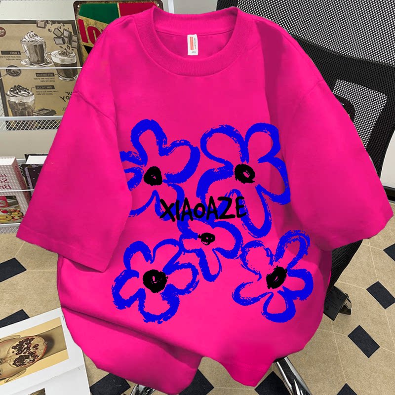 纯棉国潮涂鸦花朵印花短袖t恤男女夏季玫红色宽松百搭ins学生上衣