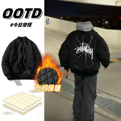 美式vibe飞行加厚夹克男女秋冬季cleanfit廓形外套痞帅印花棒球服