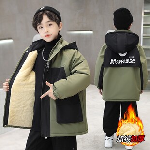 男童冬季加绒外套儿童装棉袄冲锋衣加厚风衣派克服中大童冬天棉服