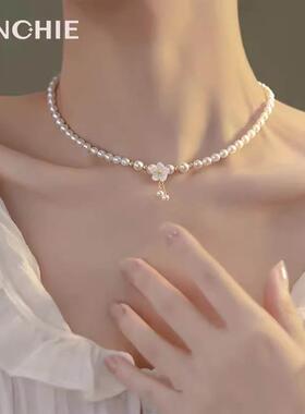 山茶花纯银珍珠项链女款2024新款轻奢小众淡水珍珠吊坠生日礼物