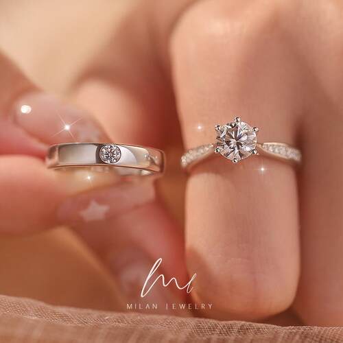 莫桑石戒指情侣对戒纯银一对钻戒结婚彷真订婚求婚轻奢小众礼物