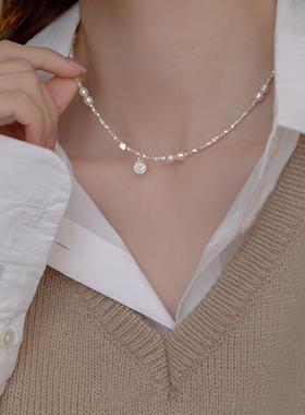 纯银珍珠碎银子项链轻奢小众设计999足银锁骨链送老婆生日礼物