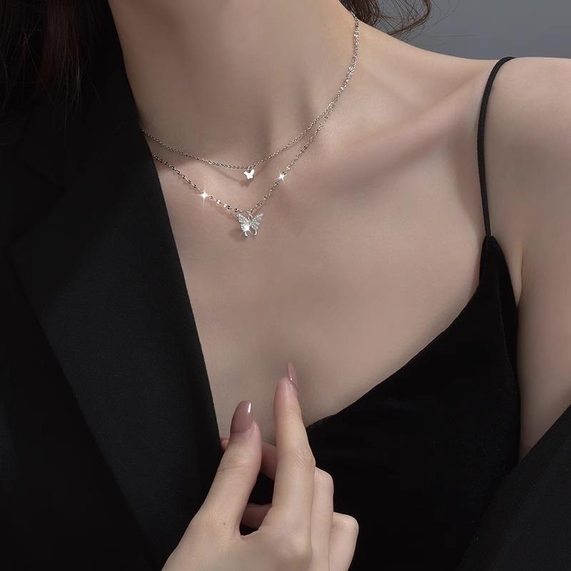 S999纯银双层蝴蝶项链女锁骨链轻奢小众设计生日礼物送女友送闺蜜