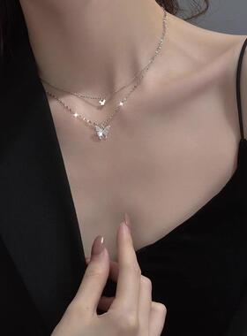 S999纯银双层蝴蝶项链女锁骨链轻奢小众设计生日礼物送女友送闺蜜