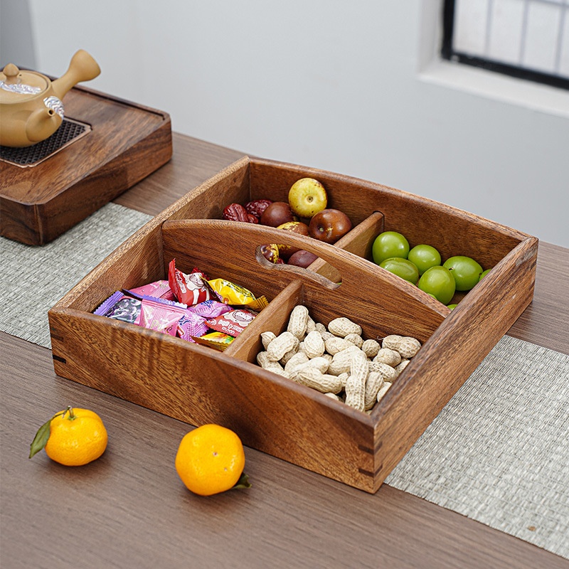 胡桃木实木分格干果盒 木质糖果盒客厅家用零食盘 过年坚果盒果盒