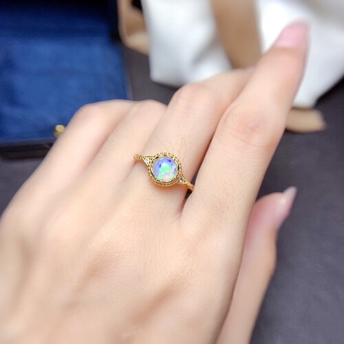 天然复古炫彩欧泊镶钻戒指