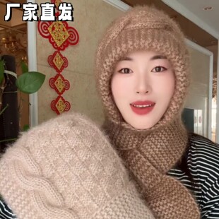针织帽冬帽女士加厚保暖毛线帽子围巾一体秋冬季大头围户外风雪帽