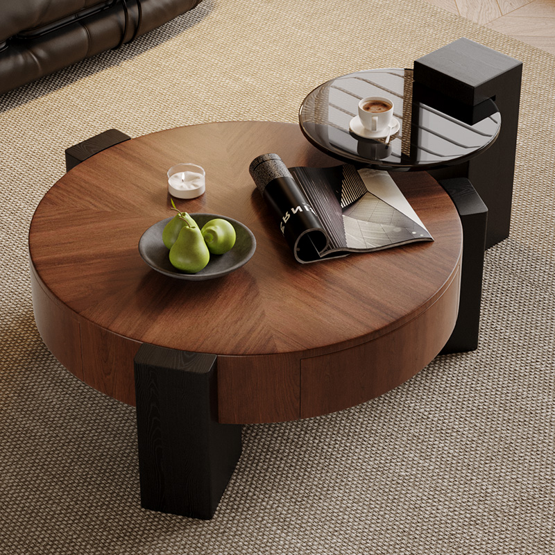 中古风胡桃木圆形极简客厅茶几