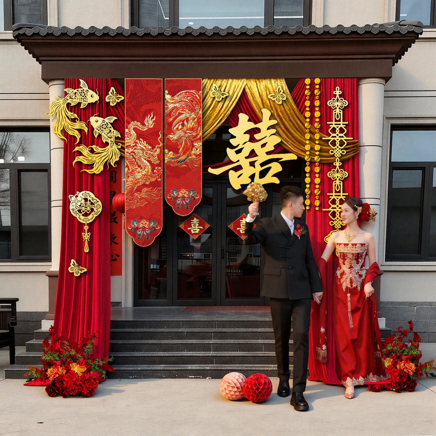 新款农村自建房大门口婚礼布幔套装庭院婚房结婚全套背景装饰布置