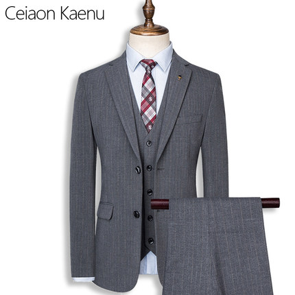Ceiaon Kaenu条纹男士西装套装新款商务婚礼西服正装新郎结婚修身