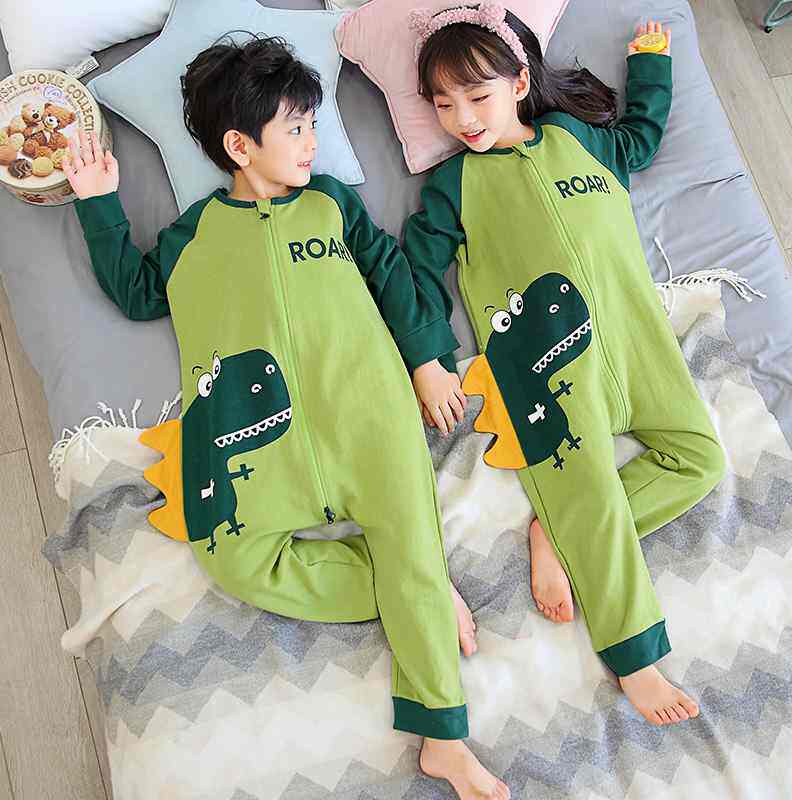 恐龙儿童连体睡衣春秋长袖纯棉男童睡袋秋款女童中大童宝宝防踢被