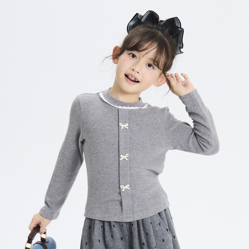 多多一上秋冬女小童蕾丝花边圆领磨毛打底衫T恤女童保暖内衣深秋