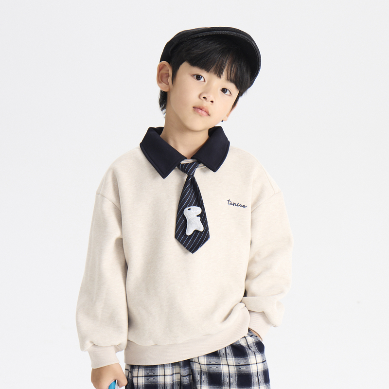 多多一上秋冬男小童搭配领带翻领加绒卫衣POLO领学院风加绒套头衫