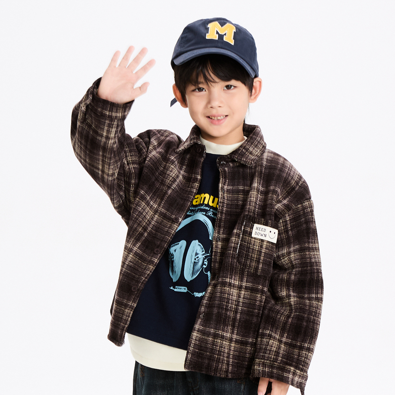 多多一上冬季新款男小童加绒格子衬衫百搭男孩加厚叠穿衬衫外套冬