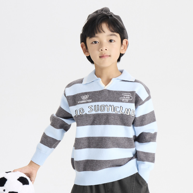多多一上秋冬男小童彩纱条纹翻领针织衫百搭男孩POLO领毛衣深秋