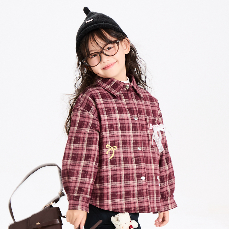 多多一上女小童格子连帽拼接夹棉衬衫加厚百搭女孩加棉外套秋冬