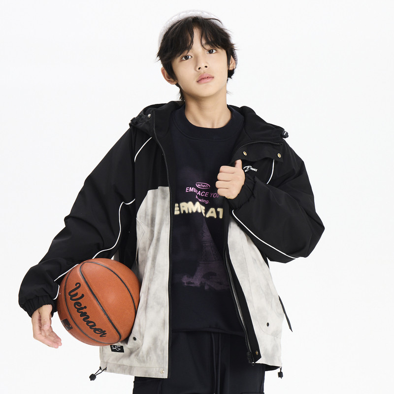 多多一上新秋男大童拼色晕染连帽冲锋衣男孩两面穿夹薄棉外套秋