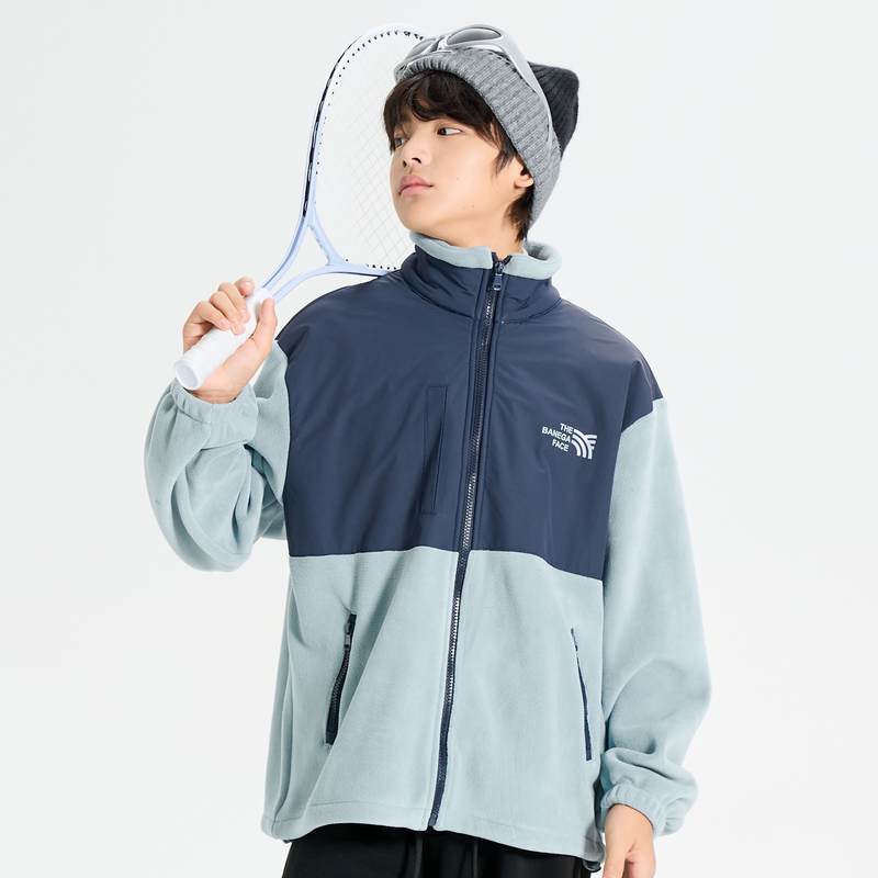 多多一上男大童秋冬摇粒绒立领拉链开衫拼色百搭深秋青少年外套