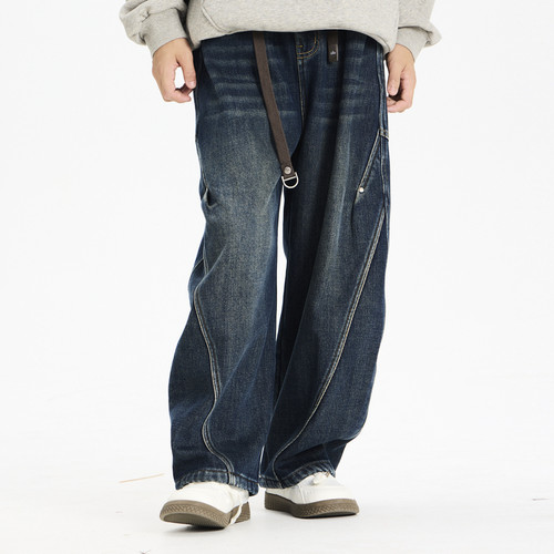 多多一上秋冬男大童加绒牛仔弯刀裤休闲百搭直筒牛仔长裤深秋男