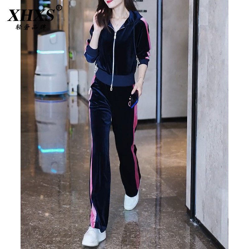金丝绒休闲运动套装女秋季新款时髦洋气减龄深蓝色拉链卫衣两件套
