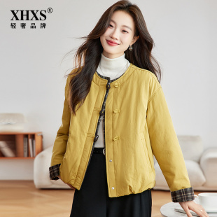 圆领夹棉薄外套女初冬新款 宽松夹棉保暖百搭短上衣 格菱棉服时尚