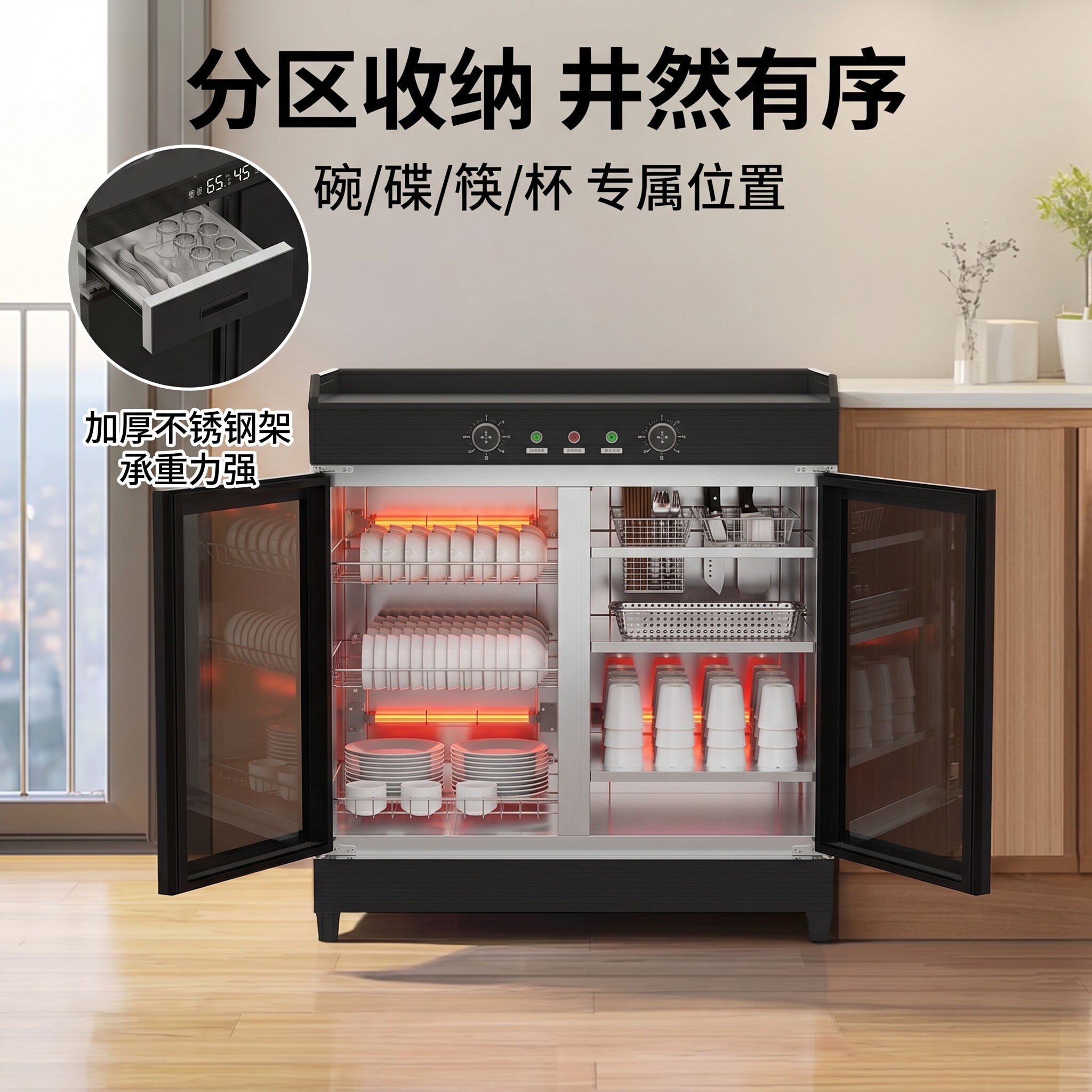 家商两用独立双室消毒定时臭氧红外线消毒烘干一体消毒柜餐边柜