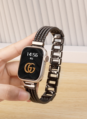 适用苹果手表iwatchs9 s8表带金属手镯款applewatch7高级ultra创意6时尚SE男5女4透气3运动2智能49MM新款黑色