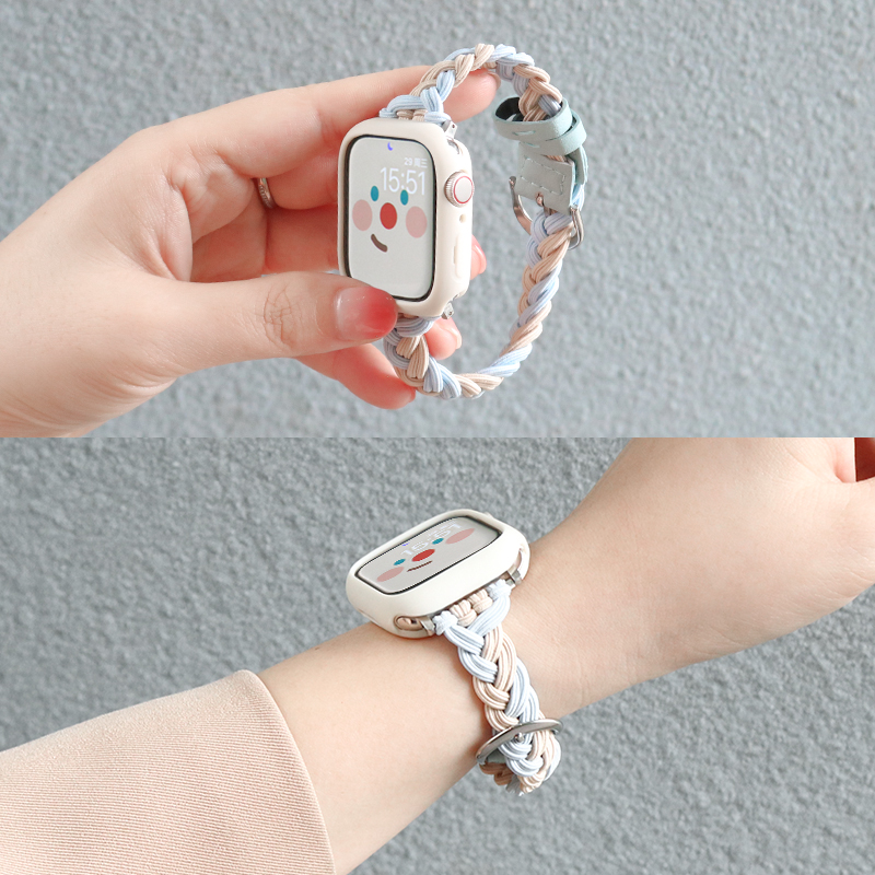 适用于iWatch8/7苹果手表表带Applewatch6/5/Ultra4/3/2se代替换表带弹力编织款浅蓝拼杏色表带新款潮流创意