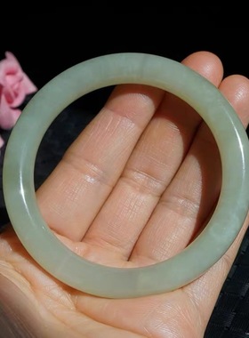 天然和田玉手镯圈53mm正品青白玉小窄条圆条油润通透
