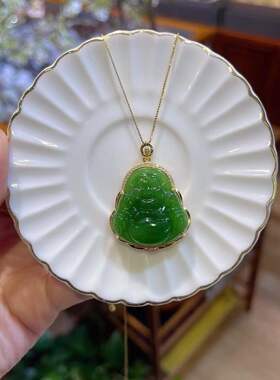 和田玉阳绿色弥勒佛吊坠底子冰无黑点银镶款尺寸26×25×8mm