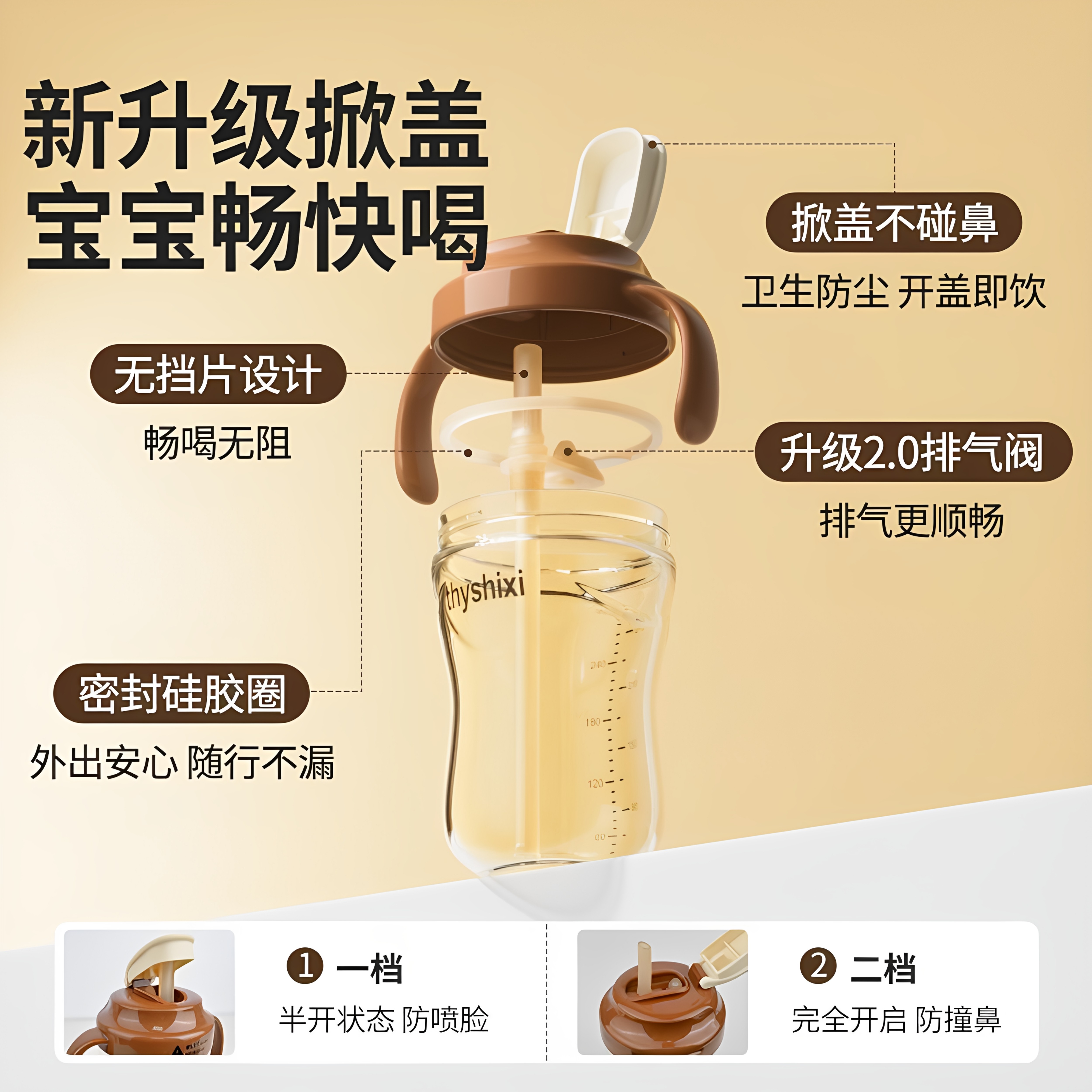 适配世喜奶瓶配件直饮吸管杯盖带嘴头直通水杯盖宽口径手柄把通用