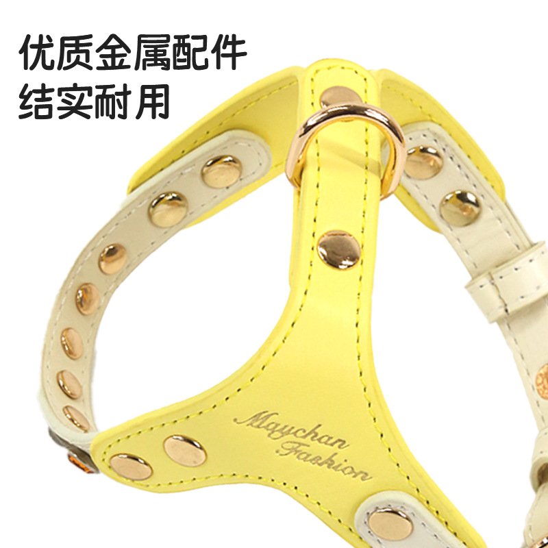 PU皮猫狗钻石胸背套装小型犬牵引绳子高颜值外出遛狗绳宠物胸背带