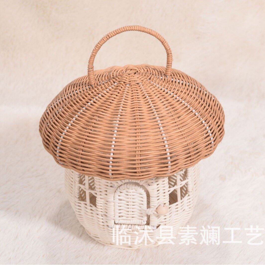 ins风手工藤编蘑菇形收纳手拎包提篮儿童房装饰拍摄道具
