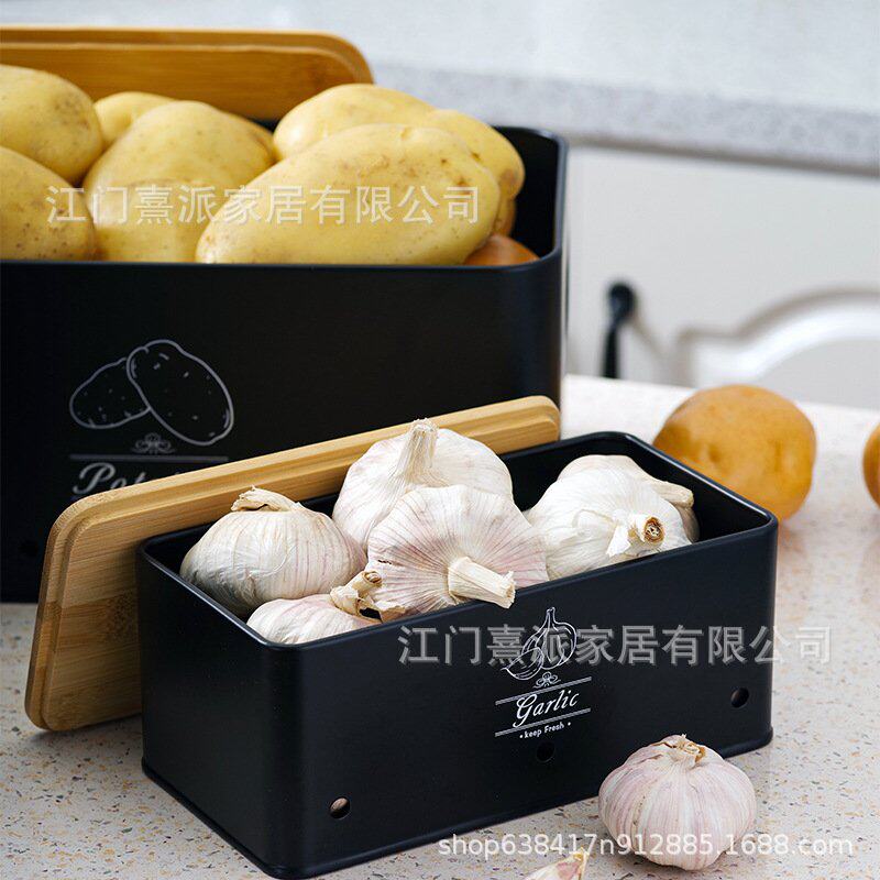 竹盖黑色储存罐土豆洋葱大蒜 收纳盒厨房食物储存箱大容量