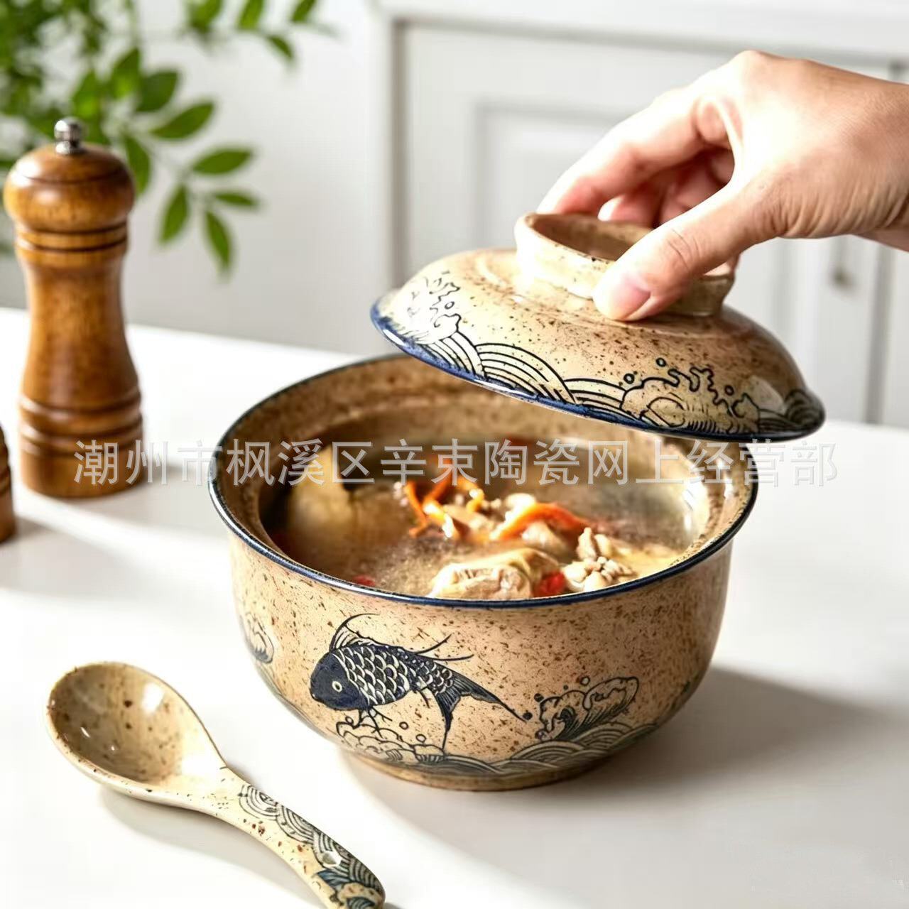 跨境套装6.5英寸泡面碗带盖便当盒陶瓷拉面碗食堂2碗2勺2筷泡沫盒