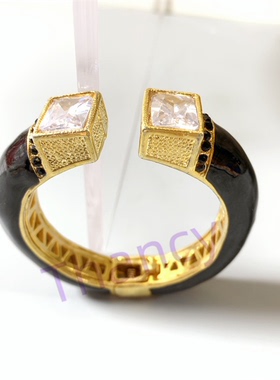 厚镀金锆石镶嵌开口珐琅手镯