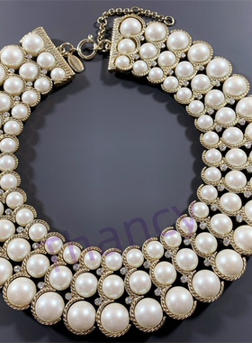 Vintage中古美国ANN TAYL0R打标无光金琉璃珍珠夸张假领子短项链