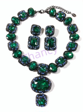 祖母绿玻璃水晶项链耳环套装LF