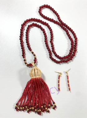 立体密镶水晶酒红色琉璃石头项链