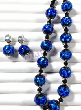 星空蓝大颗琉璃耳夹项链套装JR