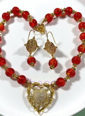 锆石爱心短款项链耳环套装红琉璃