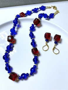Vintage中古 美国老牌NAPIER打标手工琉璃红蓝撞色耳环项链套装