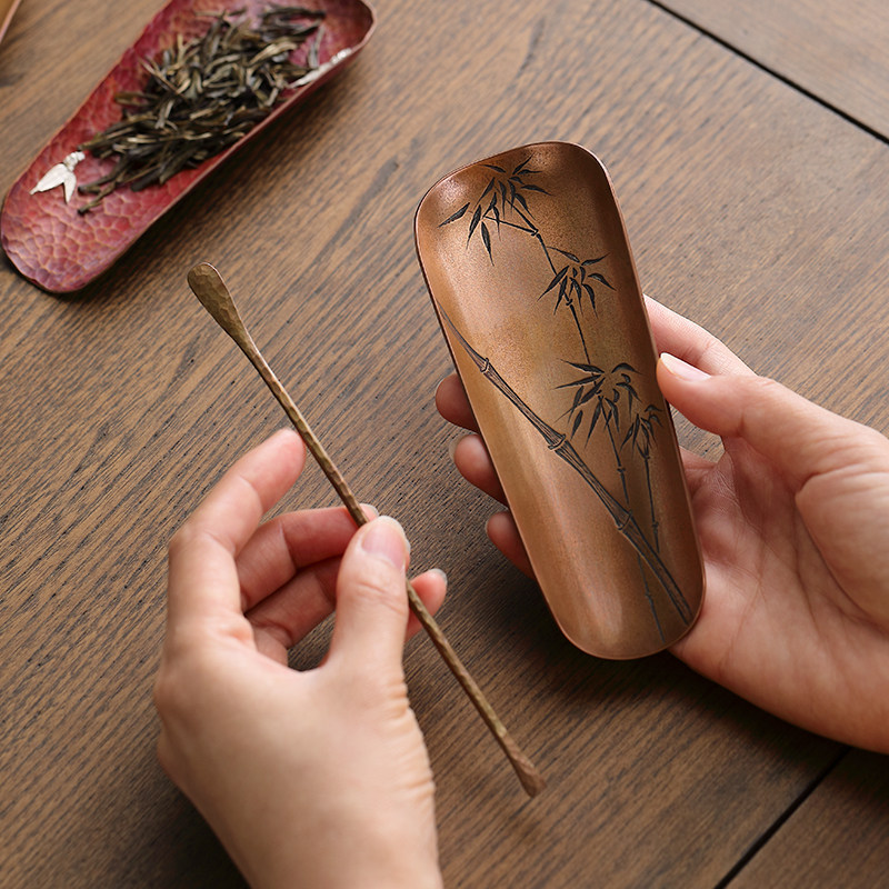 覆古手工錾刻纯铜茶则高端茶荷茶拨分茶器创意紫铜茶勺茶铲两件套