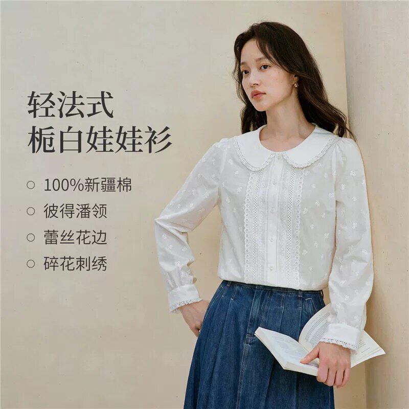 特价100%新疆棉法式蕾丝边娃娃领刺绣衬衫2026秋季女装新款上衣