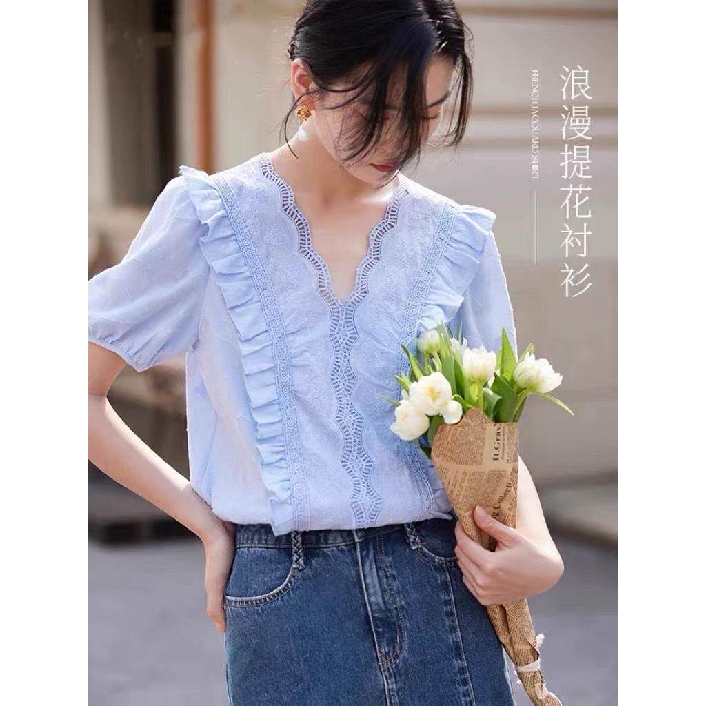 V领短袖法式衬衫女士2026年夏季新款通勤提花边泡泡袖衬衣上衣白