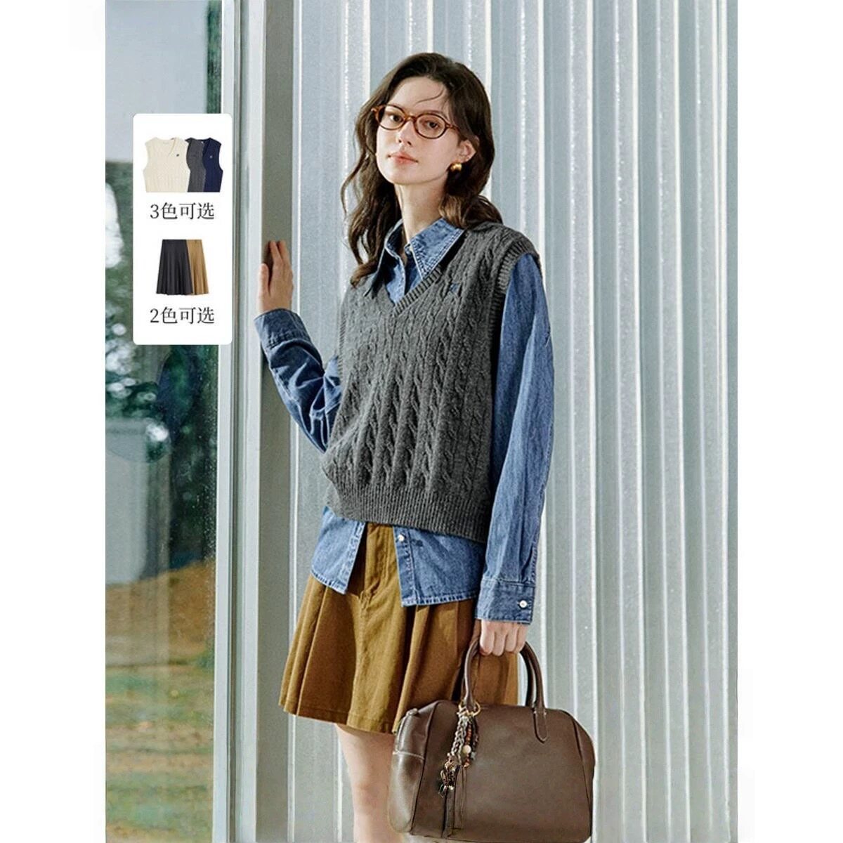 灰色麻花薄款针织马甲女装2026年春季新款复古学院风百搭无袖毛衣
