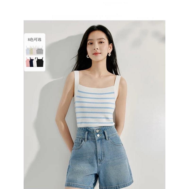 条纹方领针织吊带小背心2026夏季女装新款短款修身显瘦百搭上衣