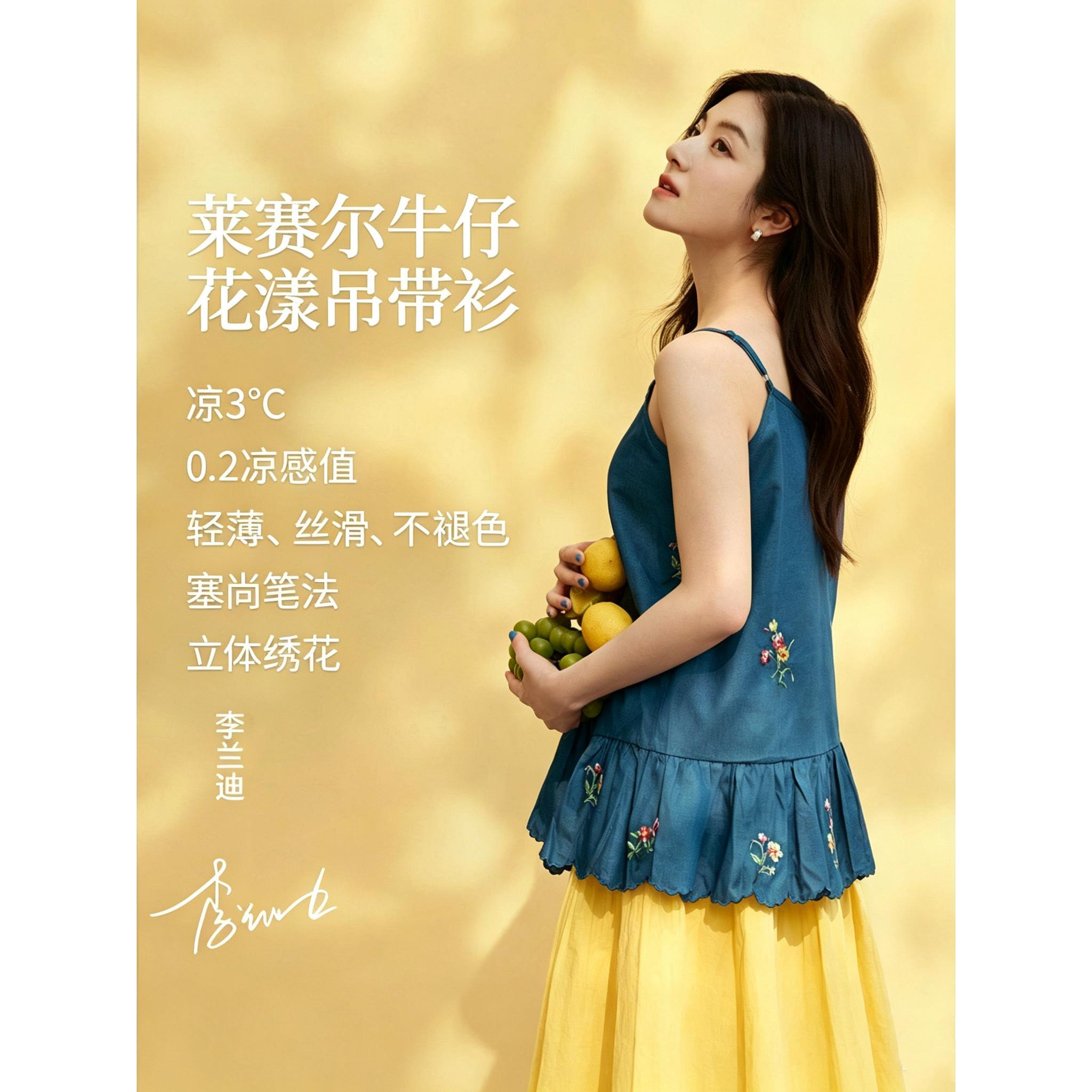 李兰迪同款莱赛尔牛仔度假吊带衬衣女2026年夏季新款法式蓝衬衫