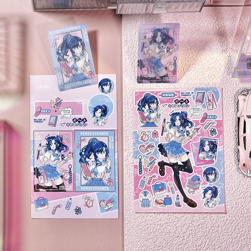 anikiki原创贴纸 十二期新品校园少女系列人物贴纸手账咕卡3款