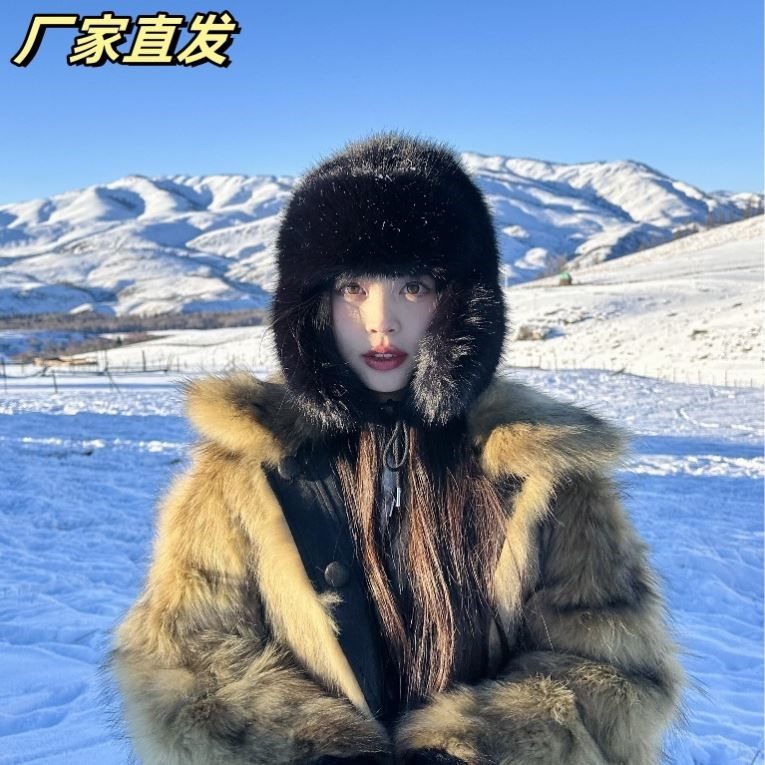 黑色仿貂绒雷锋帽子女款2025新款秋冬款高颜值时尚潮流护耳显脸小